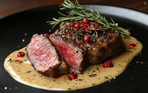 牛排配胡椒汁与香草装饰