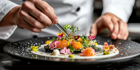 厨师用镊子装饰精致美食