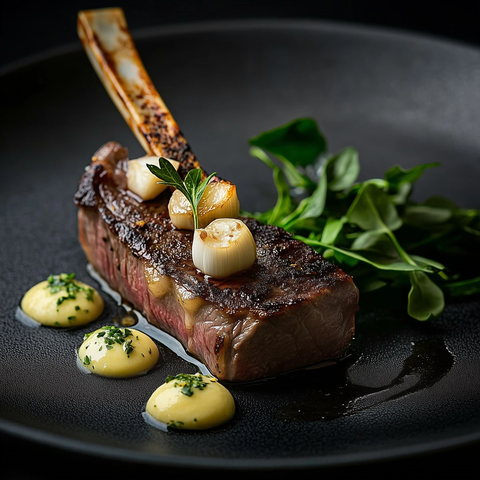 带骨牛排配蒜香绿叶