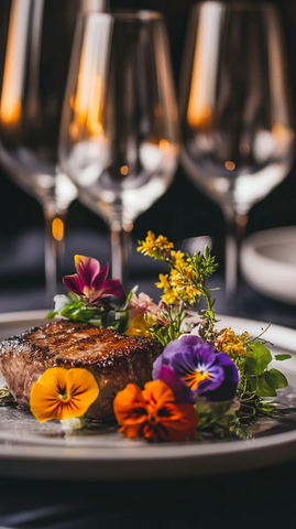 羊排配鲜花与水晶酒杯