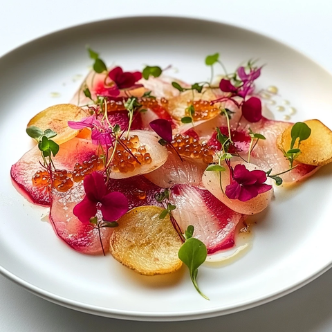 火腿薄片配松露油与鱼子酱