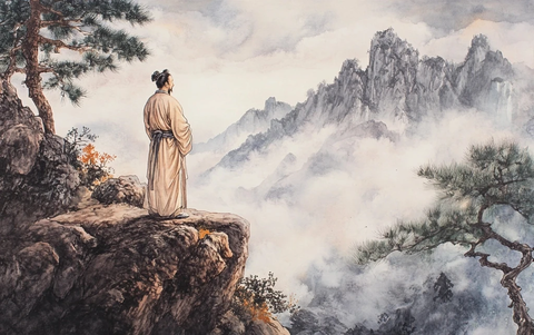 古装人物于山间悬崖上远眺的场景