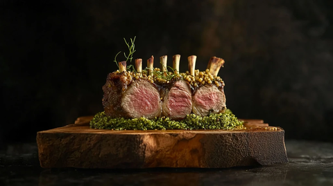 烤羊排配绿麦仁木板装盘