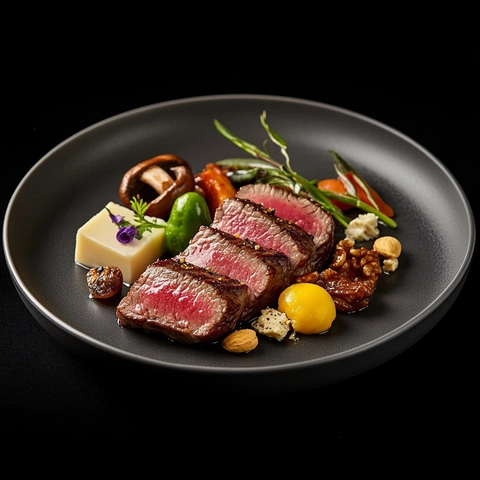 粉红牛排配蔬菜坚果奶酪