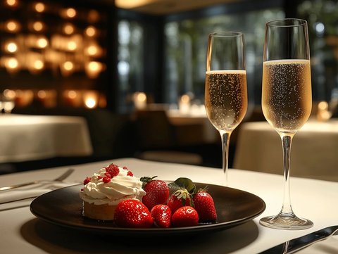 餐桌上的香槟与草莓