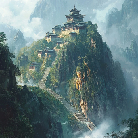 山间高处宏伟建筑及蜿蜒台阶景象