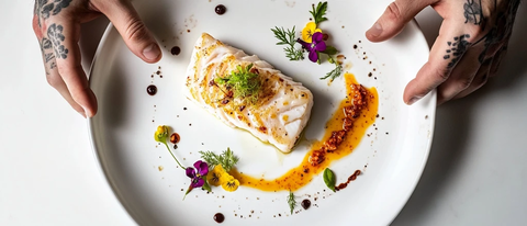 鳕鱼片与彩色酱料花艺摆盘