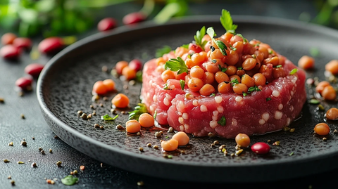 灰盘上的培养肉与豆类