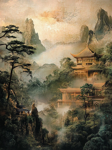 山间古建筑景观图