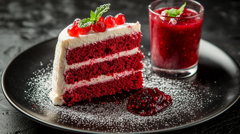 红丝绒蛋糕配红莓酱