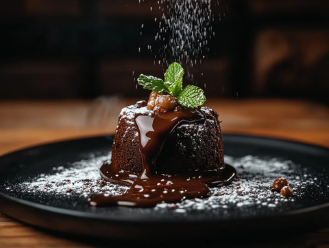 巧克力熔岩蛋糕搭配薄荷叶