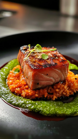 金枪鱼牛排配香草薯泥红椒饭