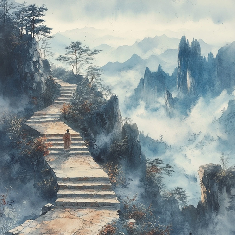 山间石阶上行走的人云雾缭绕的群山