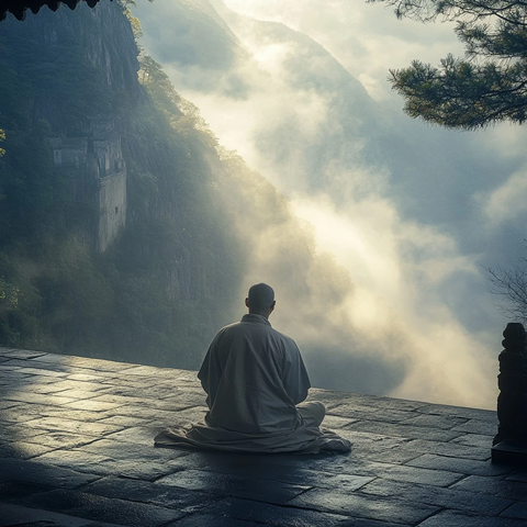 僧人坐于山间静修冥想的场景