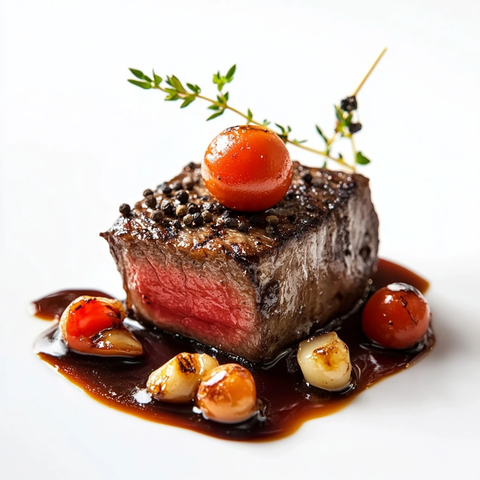 黑椒牛排配番茄焦糖装饰