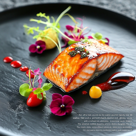 黑盘烤鲑鱼配蔬菜花卉