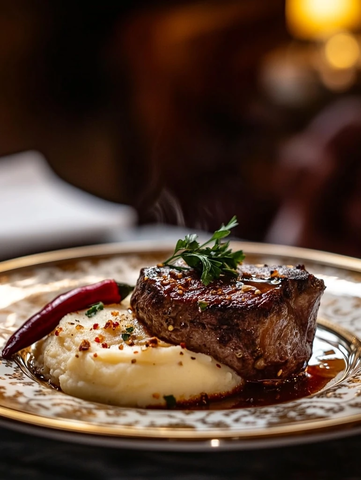 牛排配土豆泥与红椒