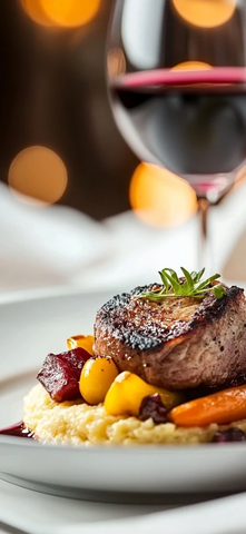 香煎小牛肉配奶油玉米与蔬菜