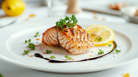 虎斑鲈鱼配柠檬香草装饰