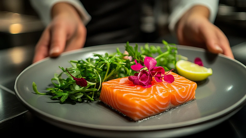 新鲜鲑鱼配蔬菜柠檬装饰