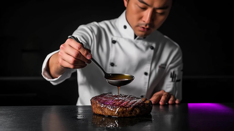 厨师准备浇汤的牛排