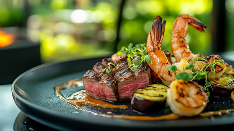 牛肉虾仁配烤蔬菜与酱汁