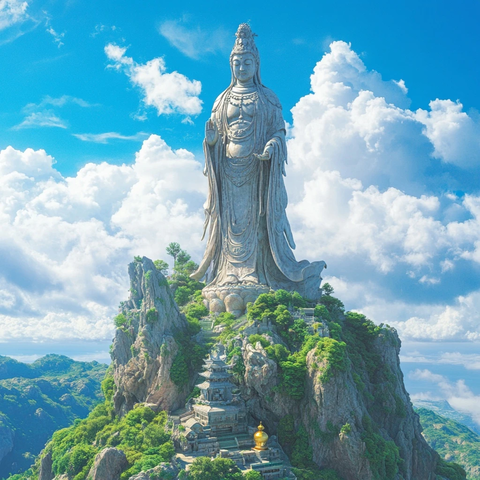 山顶上的巨大观音雕像全景