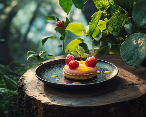 小盘甜点绿植背景拍摄