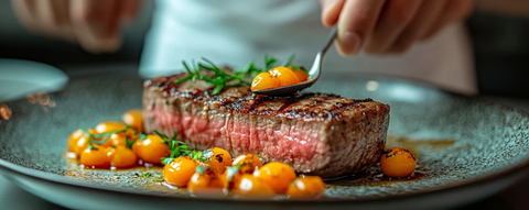 手握勺子盛装美味牛排