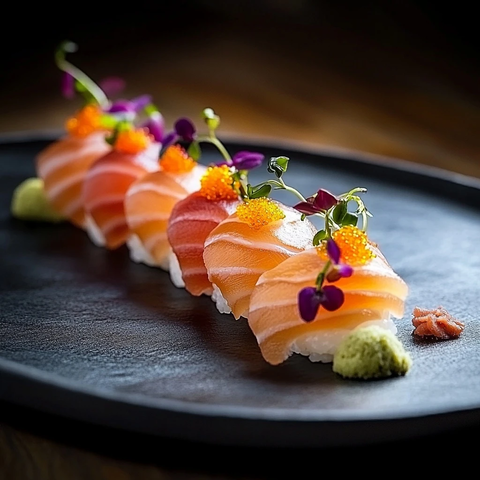 寿司拼盘与细腻鱼肉切片