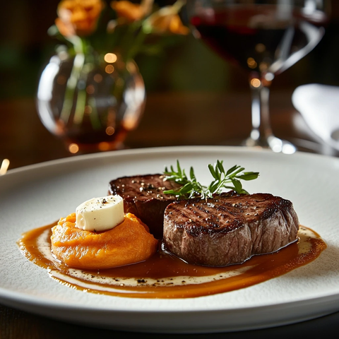 牛排配甜薯泥与马沙拉酱