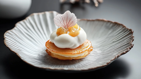 海鲜贝壳瓷盘佐柚子慕斯大福
