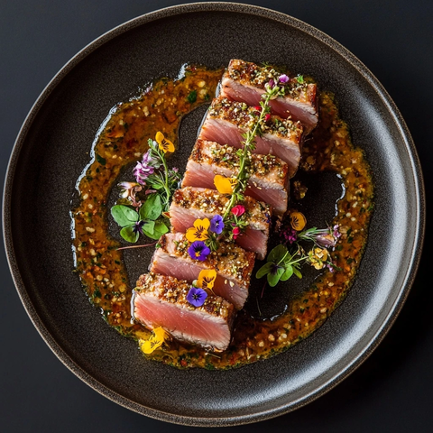 金枪鱼配花瓣酱汁