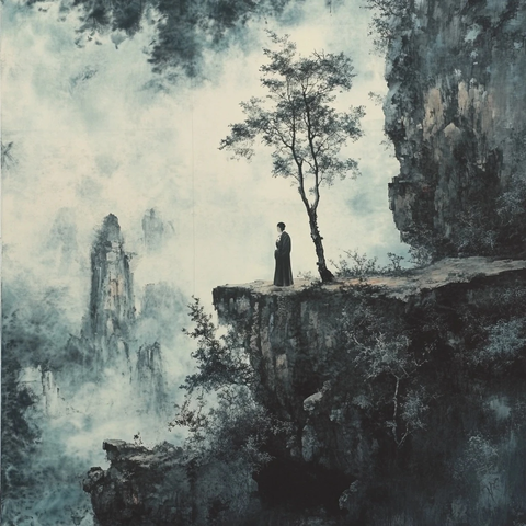 悬崖边站立一人的山水景观图