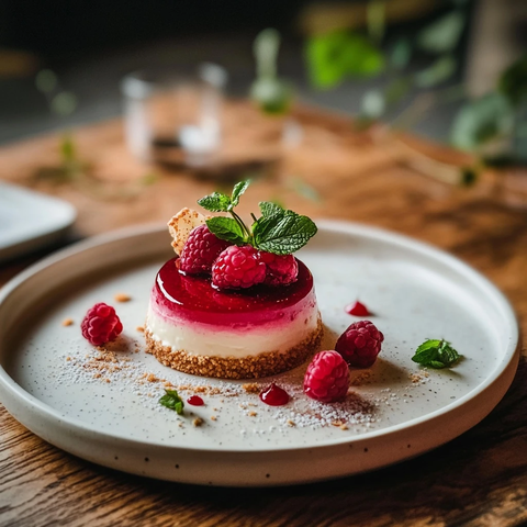 覆盆子芝士蛋糕与薄荷装饰