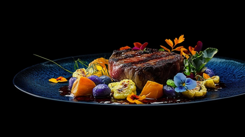 深蓝陶瓷盘装牛排蔬菜