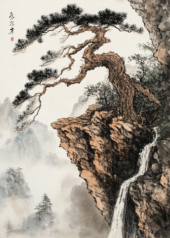 悬崖上的松树与瀑布自然风景图