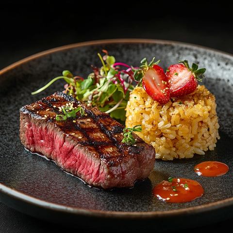 和牛牛排配炸米饭草莓