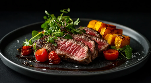 烤肉盘配微绿辣椒和烤甘薯