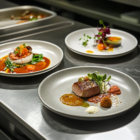 三盘菜肴摆放不锈钢桌上