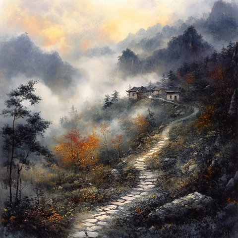 山间小路旁有房屋的山林自然景观