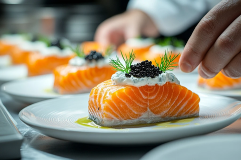 厨师摆盘真空慢煮三文鱼