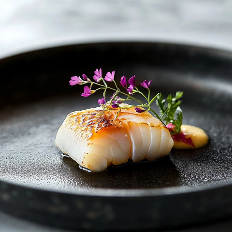 雪鱼海鲜配香草黑色盘