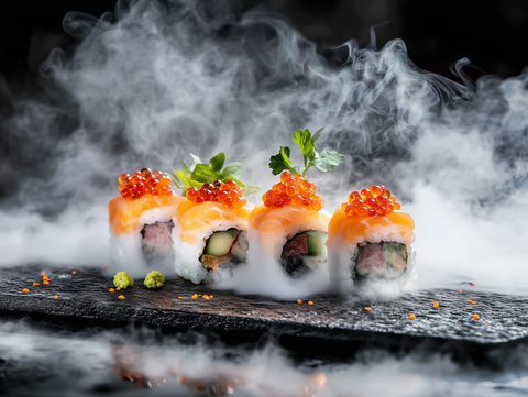烟雾缭绕寿司盘鱼子点缀美味呈现