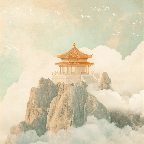 云雾缭绕的山顶上的传统中式亭子