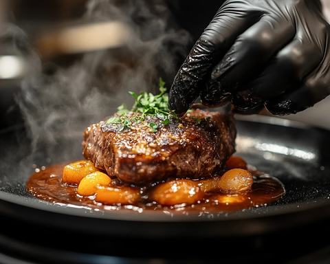 厨师上菜红烬牛肉料理