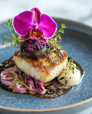 黑鳕鱼婚礼餐配紫色芝士