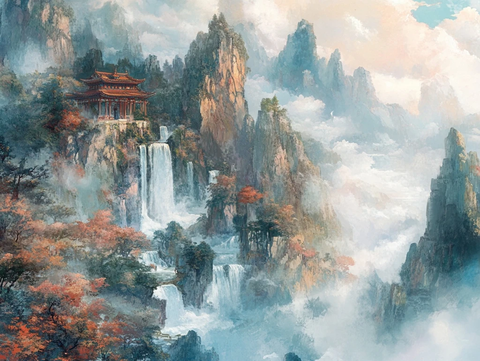 云雾缭绕山间的古亭与瀑布