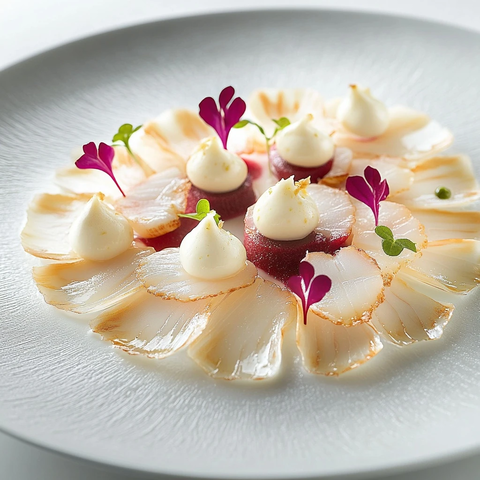 扇贝刺身配羊奶酪和红甜菜