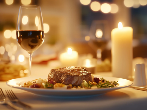 烛光晚餐牛排红酒浪漫氛围